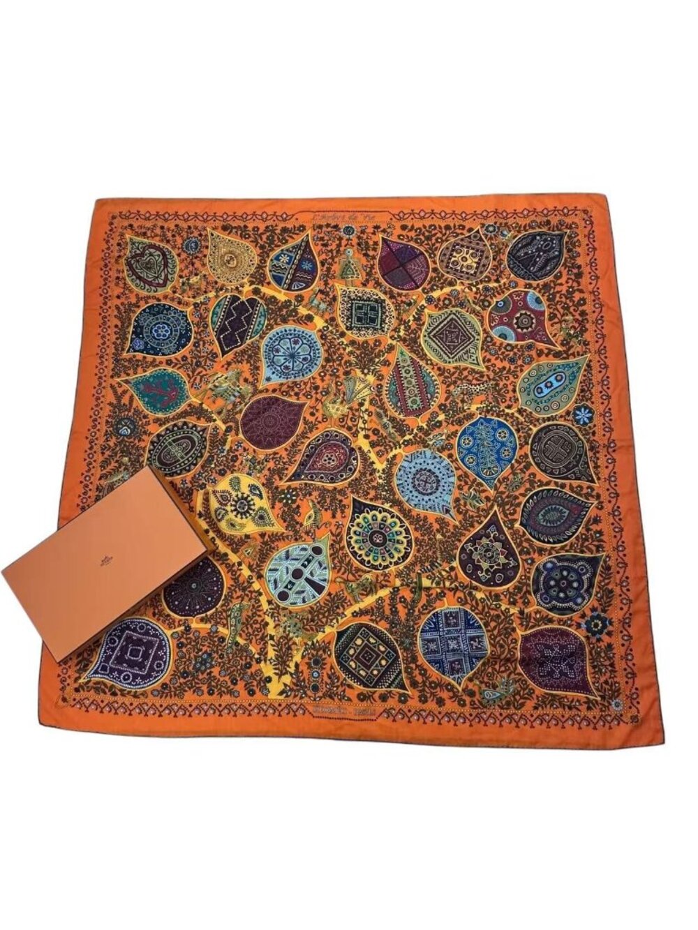 Hermes Scarf Shawl Cashmere Carre 140 L'arbre de Vie Tree of Life Orange